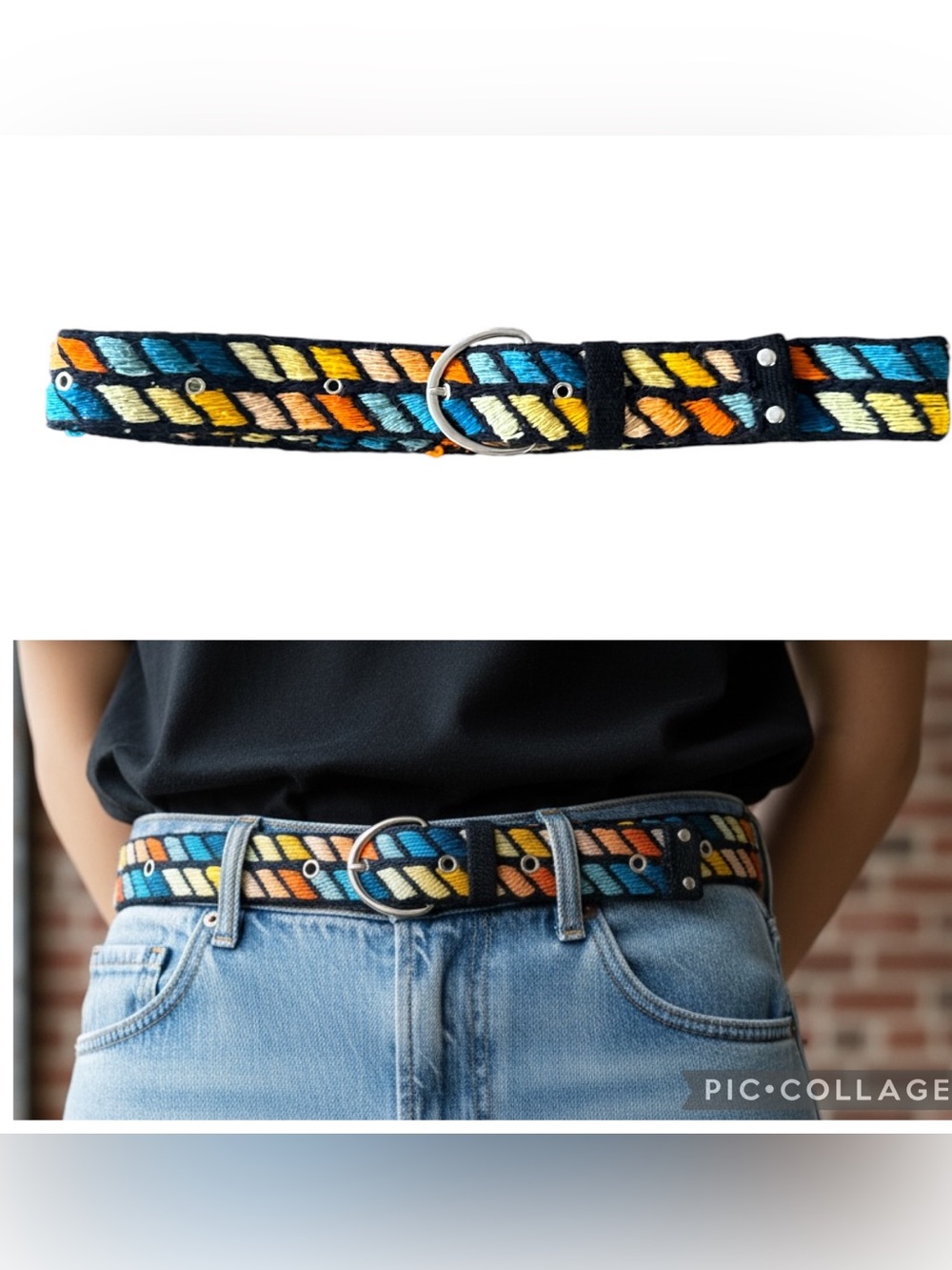 Peruvian Kani Handwoven Wool Belt Black Multi Geometric Boho Size Small